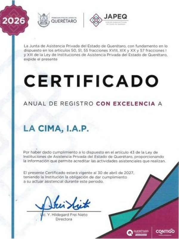 Certificado Anual de Registro 2026 Excelencia La Cima IAP